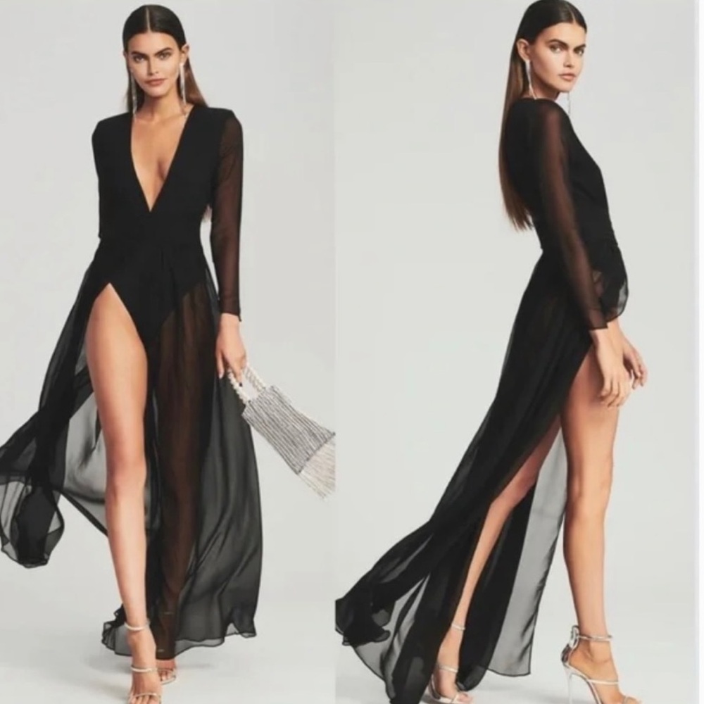 Retrofete Black Mesh and Silk Pleated Long Sleeve Angela Dress/Gown